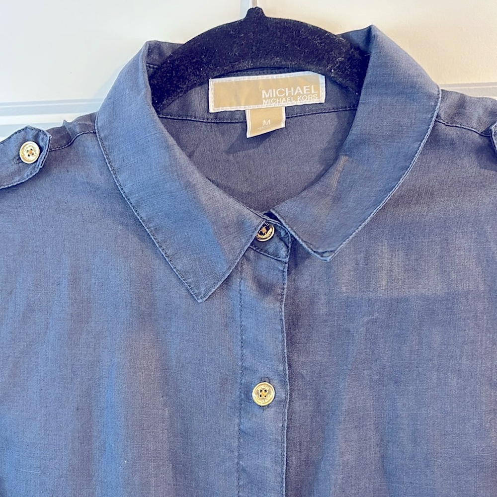 Michael Kors Navy linen Long Sleeve Button-Up Dress